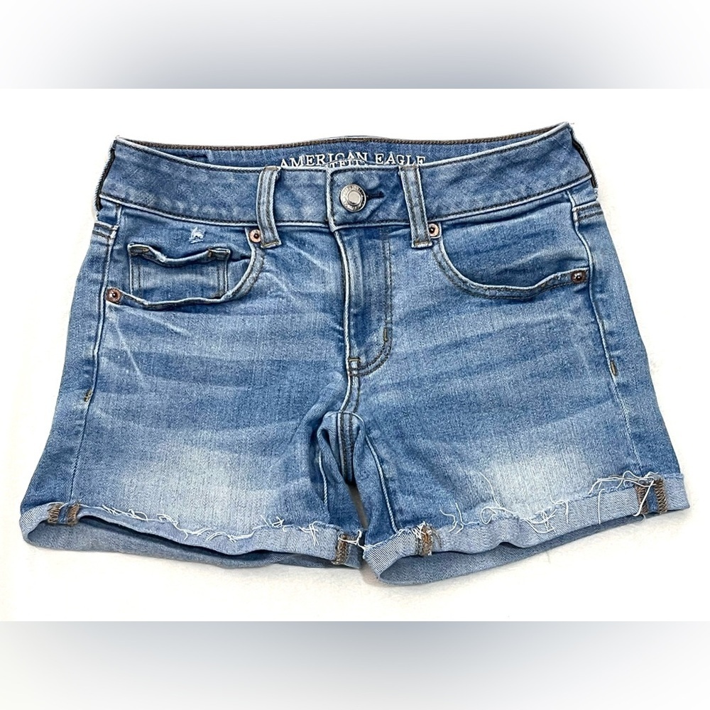 American Eagle Outfitters Super Super Stretch Light Blue Distressed Midi Shorts